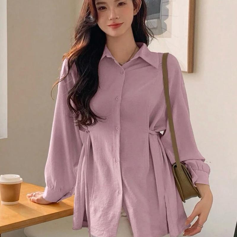 Kemeja Sakura Polos Atasan Wanita Oversize Bahan Crinkle Korean Style Terbaru kancing Panjang Baju Fit Tangan 3