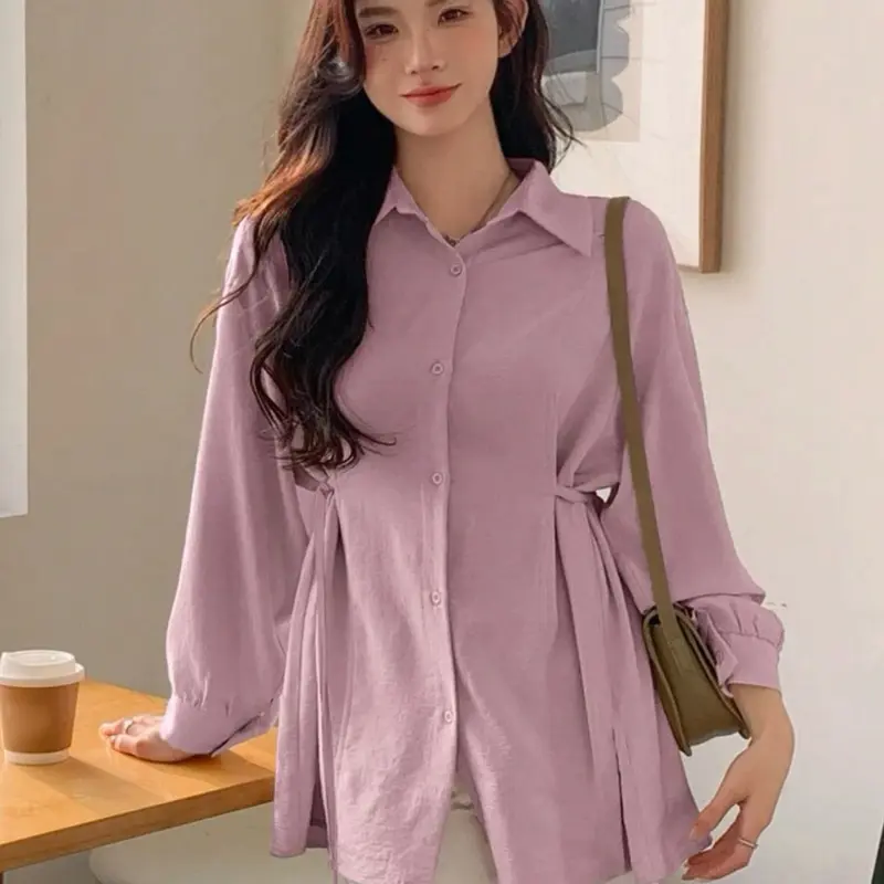 Kemeja Sakura Polos Atasan Wanita Oversize Bahan Crinkle Korean Style Terbaru kancing Panjang Baju Fit Tangan 3