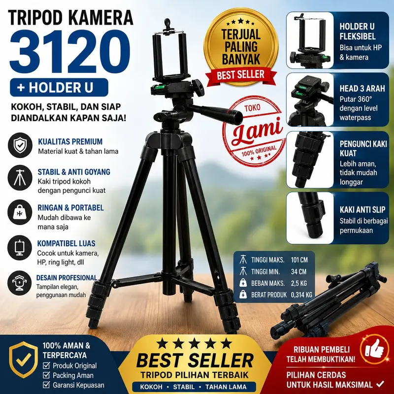 Tripod 3120 - Tripod Kamera Universal + Free Holder U dan Tas Tripod Dudukan Kamera Aluminium Camera Accessories Handphone Tripot