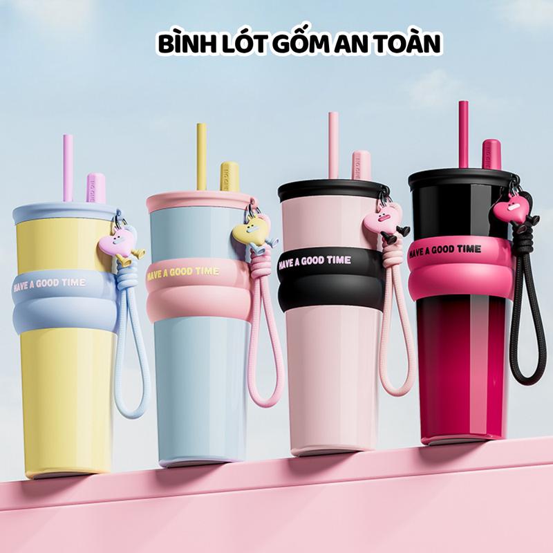 <Tặng Túi Giữ Nhiệt > Ly giữ nhiệt Happy Chain 700ml lót gốm cốc giữ nhiệt có quai xách ống hút tiện lợi mang đi