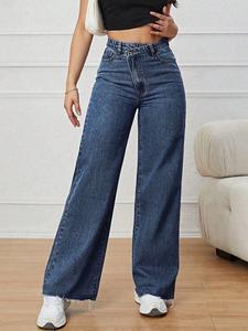 Jeans de mezclilla vintage para mujer, diseño con botón en bolsillo diagonal, estilo casual de otoño, pierna recta, cintura alta, ajustados, para todas las estaciones