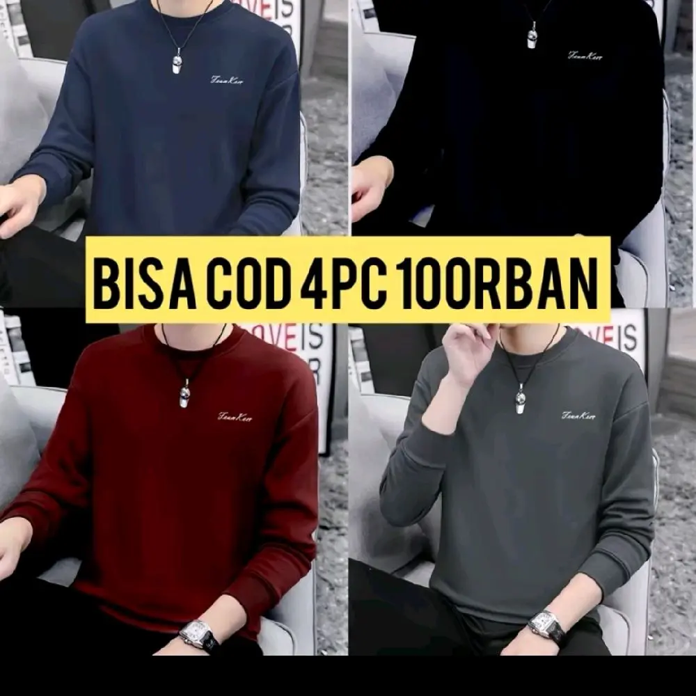 Paket 4 Pcs Baju Pria Lengan Panjang Katun Oblong - Kaos Polos Formal Keren Distro Cowok Tangan Dewasa Sablon Atasan Combed - Pendek Simple