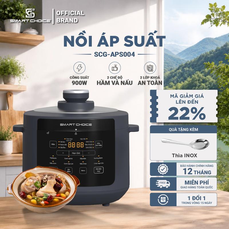 Nồi Áp Suất Điện Đa Năng 5L SMARTCHOICE APS004 900W 10 Chức Năng, Nồi Hầm Có Thể Dùng Khi Mở Nắp, Có Hẹn Giờ Nấu Thông Minh BH 12 Tháng