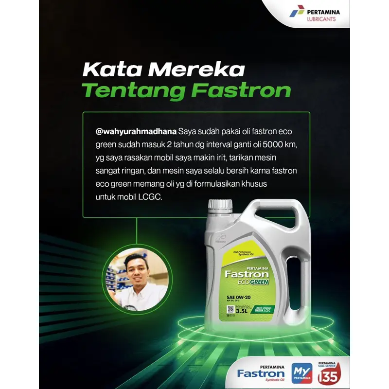 Oli Fastron EcoGreen SAE 0W-20 3,5 Liter - Pelumas Mesin Bensin Terbaru dengan Teknologi Synthetic untuk Mobil LCGC 4