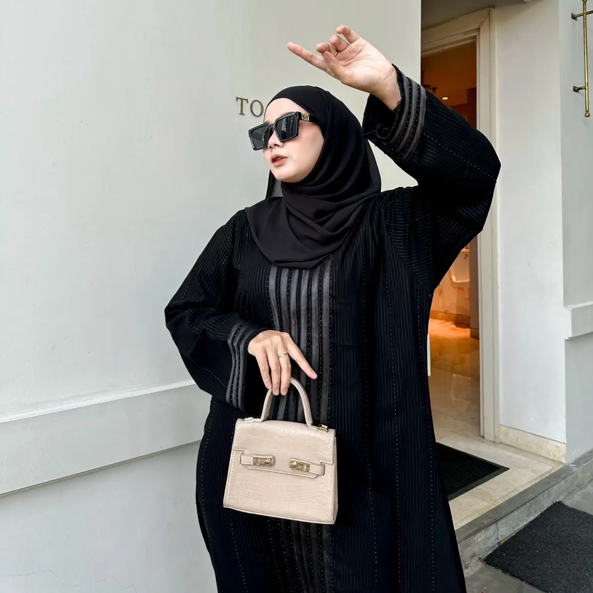 ABAYA SALUR RINA JETBLACK EMBOS MATA MATA SWAROSKY S M L XL XXL ALKHATIB liburan Casual