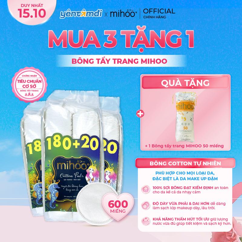 Combo 3 Bông Tẩy Trang Mihoo 200 Miếng Tròn Cotton Tự Nhiên Mềm Mịn Không Kích Ứng Dành Cho Mọi Loại Da