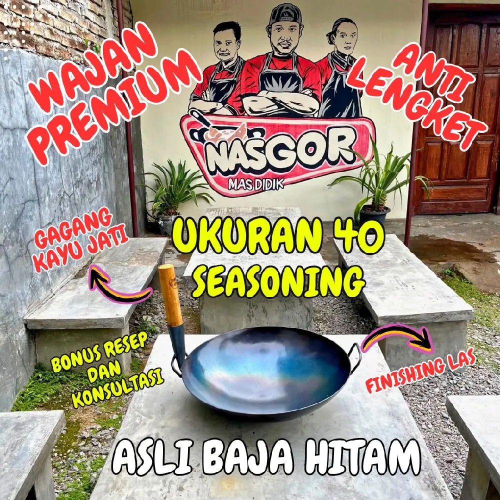 Wajan Baja Hitam Premium Seasoning Ukuran 40 Cm Gagang Kayu Jati Tegak