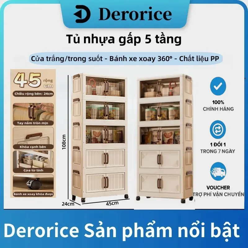 【Rộng 45】Derorice Tủ đựng đồ nhựa  thời trang 5 tầng,cửa màu trắng/trong suốt, bánh xe xoay 360 độ, chất liệu PP an toàn, linh hoạt kết hợp, thiết kế đơn giản
