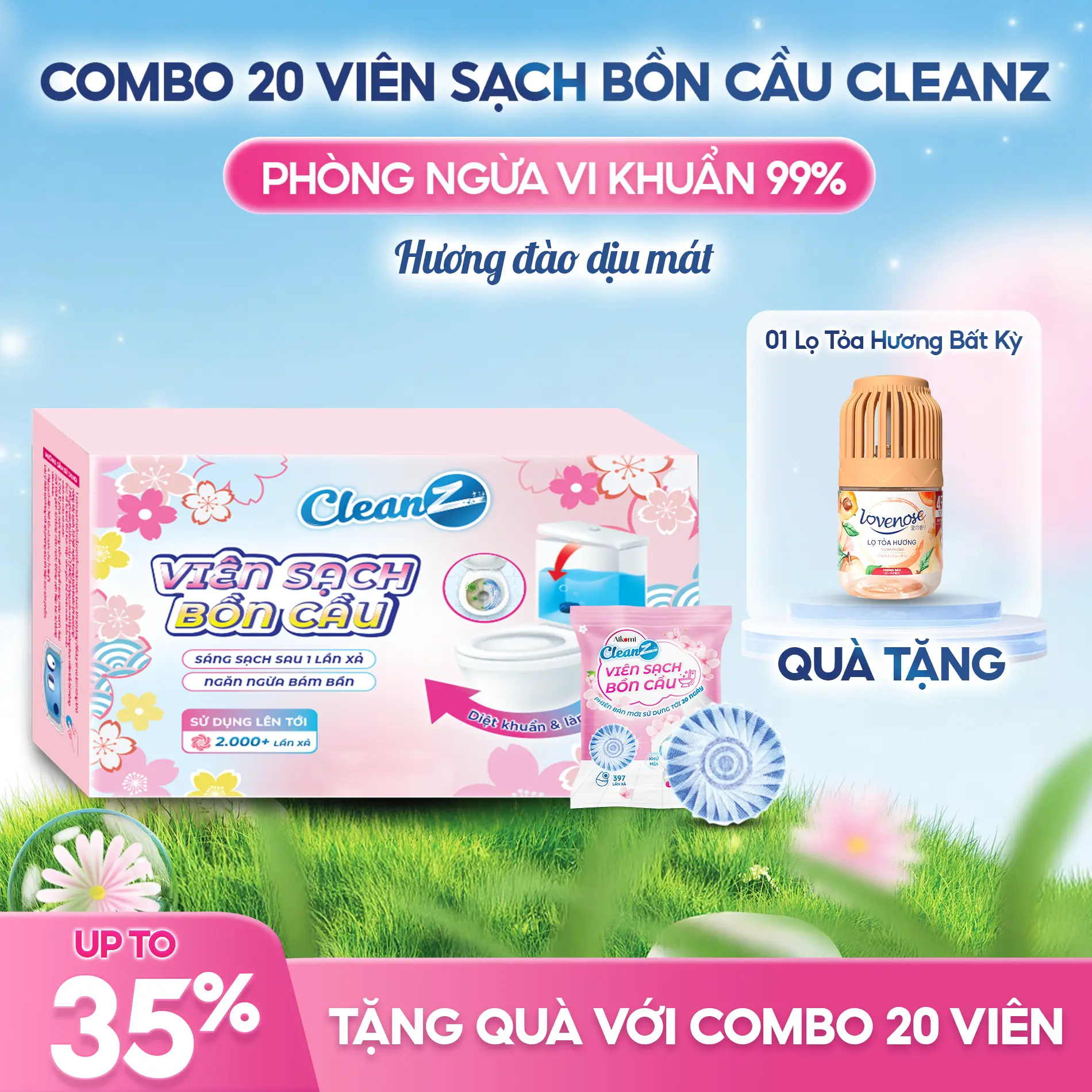 [MUA 1 ĐƯỢC 2] Viên Sạch Bồn Cầu CleanZ sạch khuẩn thơm mát làm sạch mảng bám khử mùi diệt vi khuẩn toilet thế hệ mới hương đào 50g/gói