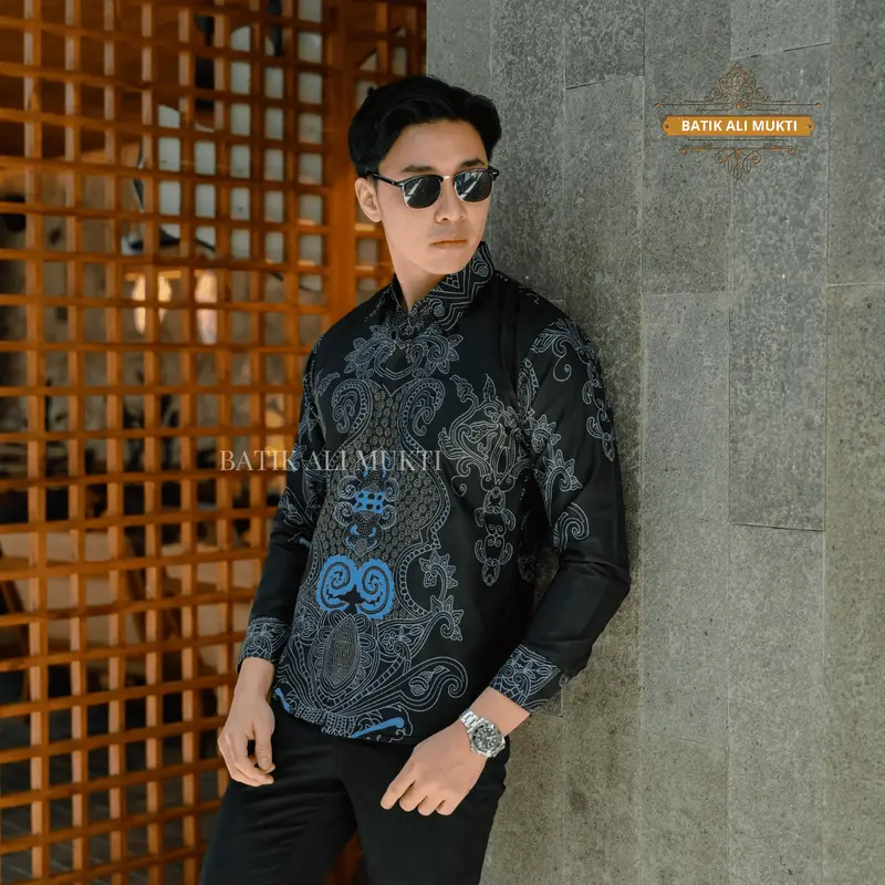 Batik Slimfit Pria Lengan Panjang Baju Kemeja Kondangan Anak Muda Katun Halus Furing Motif Wirabuana Denim 2