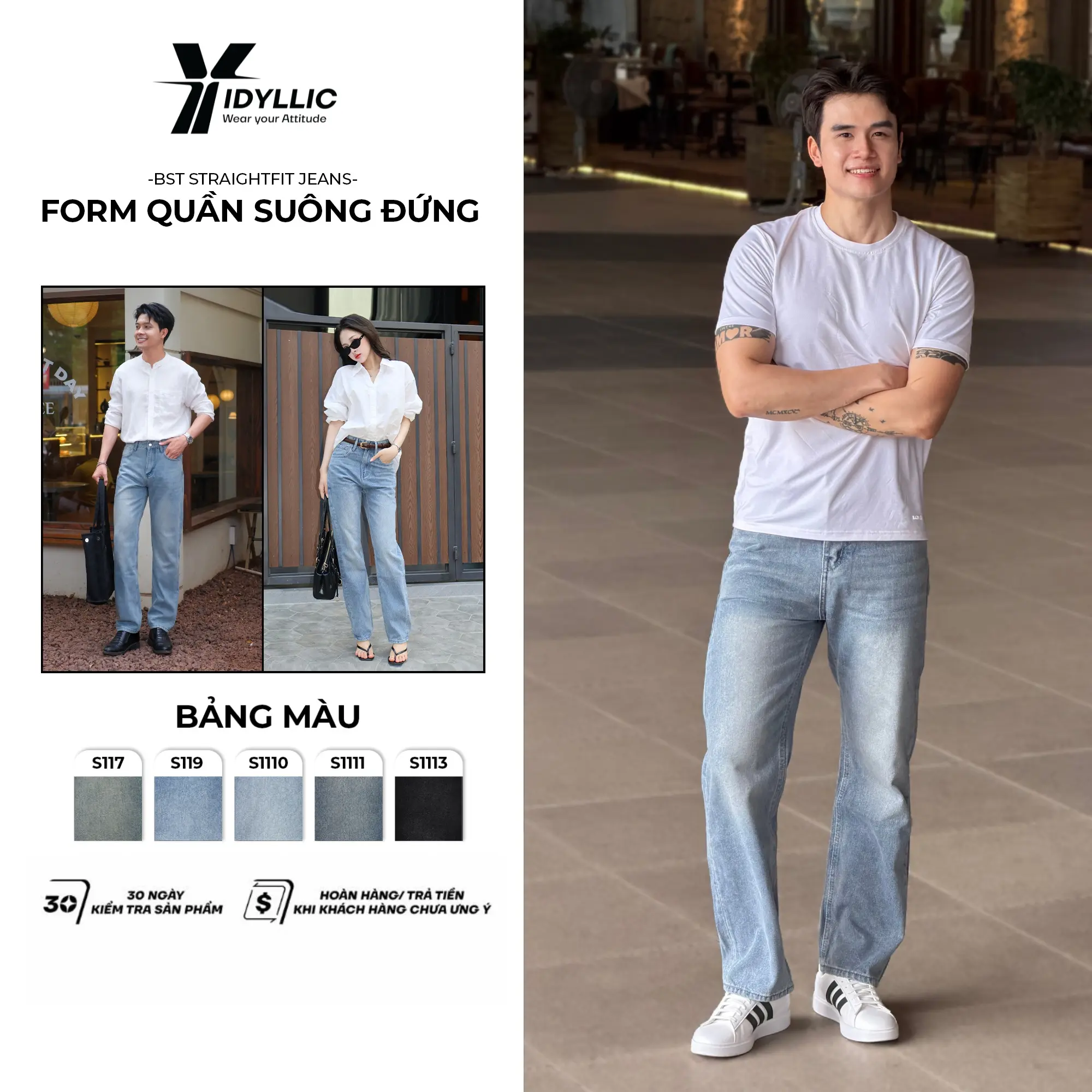 [IDYLLIC - BST Straight Fit] Quần Jean Nam Nữ Ống Suông Đứng S117, S119, S1110, S1111, S1113 Form Suông Vải Rin Cotton Dày Dặn Menswear Cotton Pants Có Túi