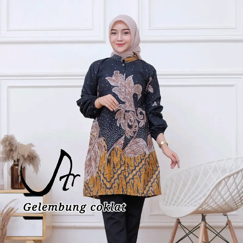 Baju Batik Wanita  Atasan Tunik Modern Lengan Balon Karet Kancing Depan Full Kerah Shanghai 2