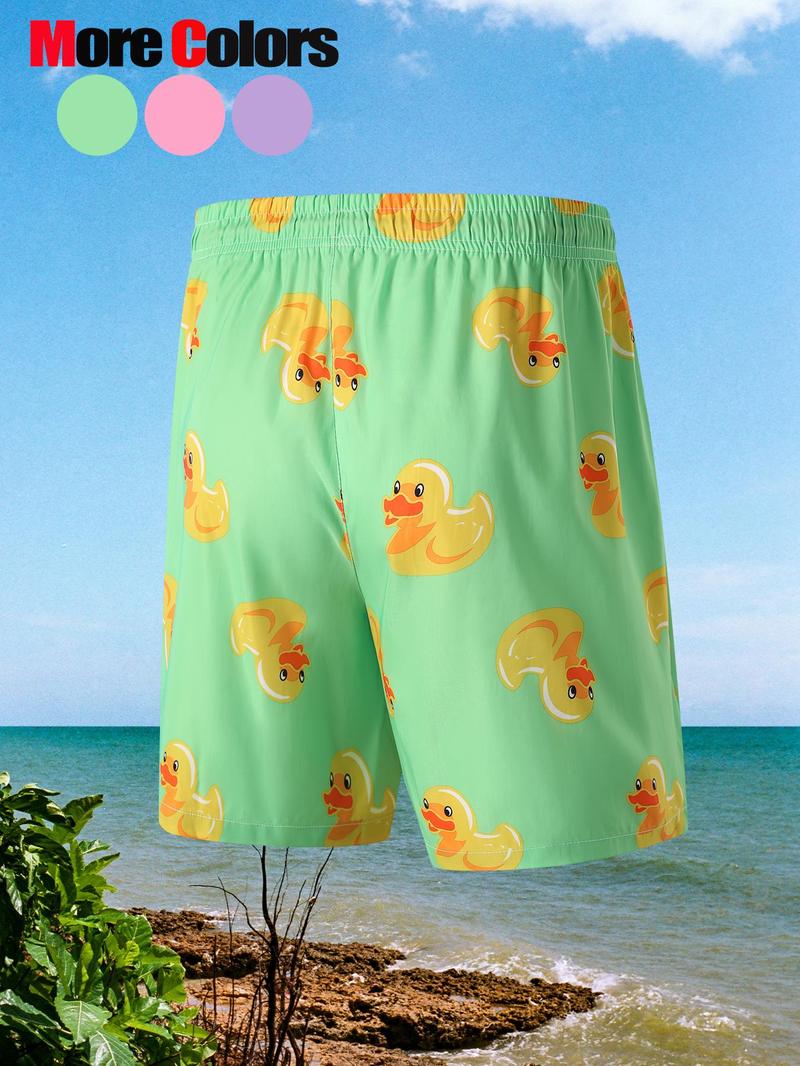 Product Introduction of Men's Cartoon Duck Print Beach Shorts, Casual Breathable Quick Drying Shorts for Summer, Men's Bottoms for Beach Vacation 8