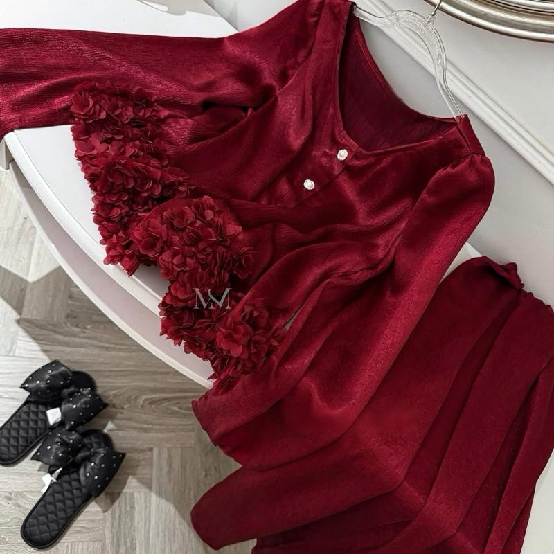  N442- Pijama dài tay tiểu thư viền hoa hồng nổi hàng LyLy phối cúc ngọc - Bộ ngủ lụa hàng quảng châu cao cấp cho nữ 