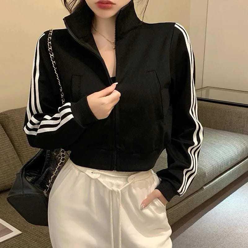Jaket Crop Wanita - Stand Collar Jaket Vintage Crooped Korean Style Kekinian 0