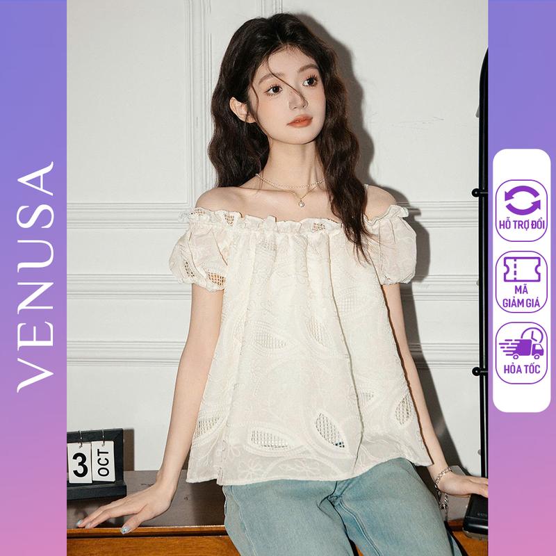 Áo nữ BIGSIZE màu trắng kiểu trễ vai tay bồng ngắn họa tiết hoa ren mặc đi chơi đi biển du lịch mùa hè Venusa Store