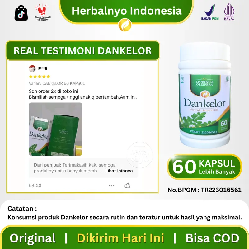 Dankelor Suplemen Peninggi Badan Tinggi Kalsium Vitamin Pertumbuhan Anak Remaja Isi 60 Kapsul Halal BPOM Ekstrak Daun Kelor Moringa Oleifera 4