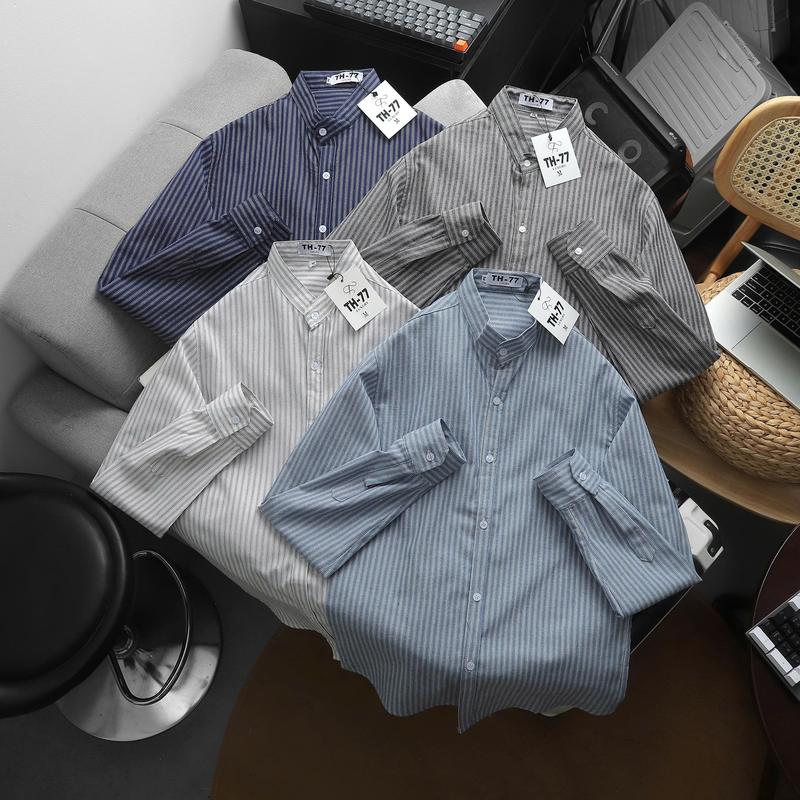 Áo Sơ Mi cổ tàu kẻ sọc chất liệu Oxford Phong Cách Hàn Quốc dài tay, ngắn tay thoáng mát Menwear Nam Có Túi Unisex