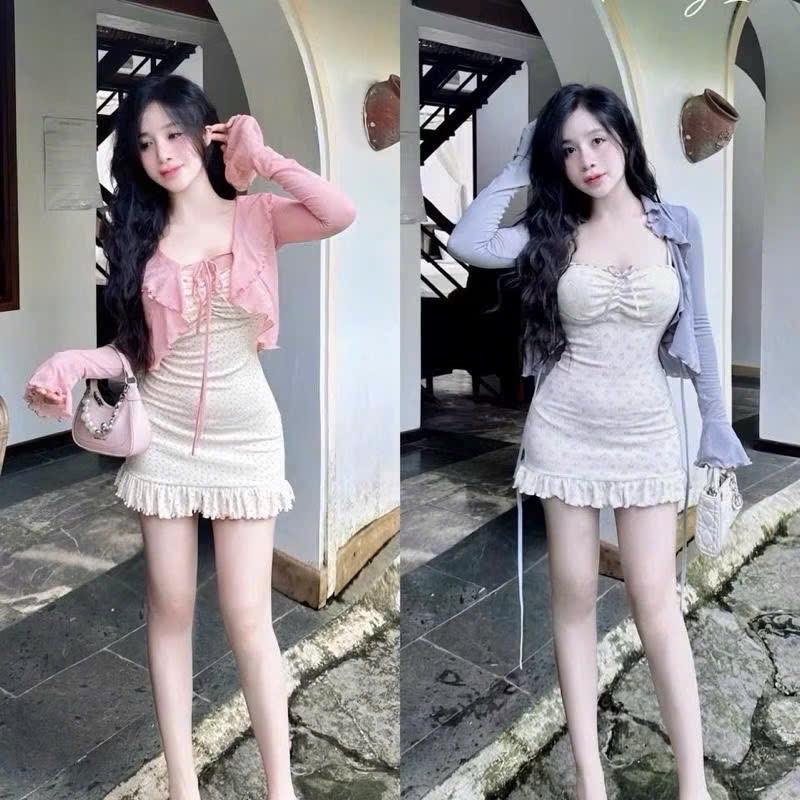 Sét đầm nữ body hai dây nhún ngực chất tăm lạnh in gấu kèm áo khoác tay dài phối bèo kiểu dáng cực xinh