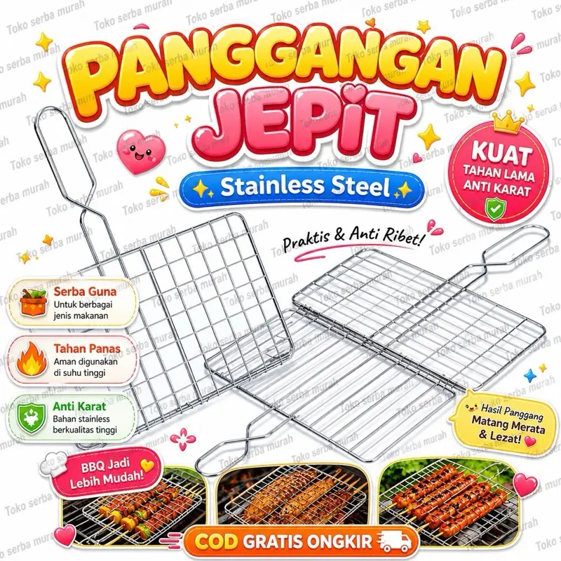 Panggangan Jepit Stainless Steel Bakaran Ikan Ayam Sate Panggangan Jepit Serbaguna Kitchenware
