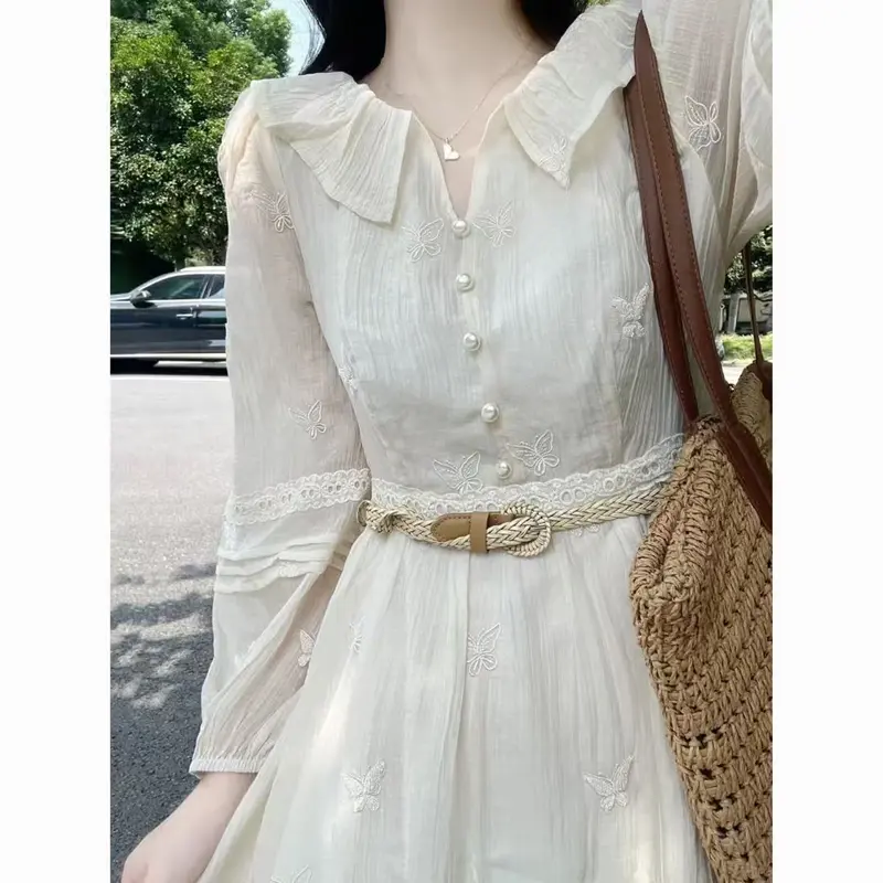 Váy Thêu Tinh Tế Cao Cấp Thanh Lịch, Phong Cách Pháp, Cổ Chữ V, Dài Tay, Dành Cho Nữ, Đầu Mùa Thu, Thích Hợp Cho Nam Nhỏ Eo Thon, Váy Bó Sát Women Dress Khuy 4