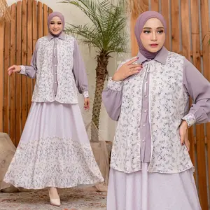 Canna Set Hijab Rok Lebaran 3 in 1 Set Setelan Wanita Muslim 838 - Bahan Marbella dan Tiffasius, Wudhu dan Busui Ibu Menyusui Friendly, Desain Cantik Manis Elegan Nyaman Untuk Harian, Motif Bunga Lengan Panjang Pinggang Karet Kancing Depan Mewah