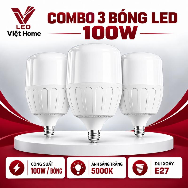 [100W] COMBO 3 bóng đèn led 100W cao cấp, ánh sáng trắng 5000K LED Việt Home tuổi thọ cao, chống nước, chống muỗi