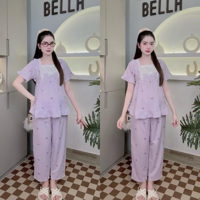BỘ DÀI 40 - 75kg Bộ Đồ Bầu Mặc Nhà Cotton Hàn Kẻ Sọc Phối Ren Xinh Xắn – Form Rộng Thoải Mái