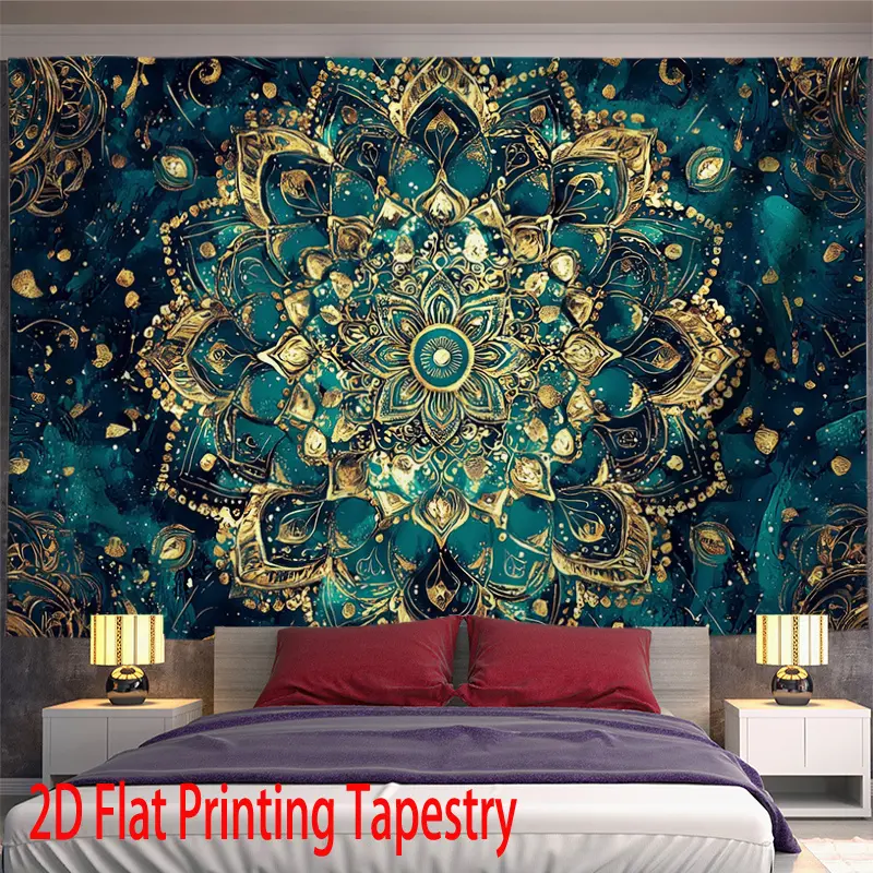 Permadani datar dua dimensi dengan pola mandala emas dan biru, sangat cocok untuk hiasan dinding rumah, ruang tamu, kamar tidur, halaman dan kantor.