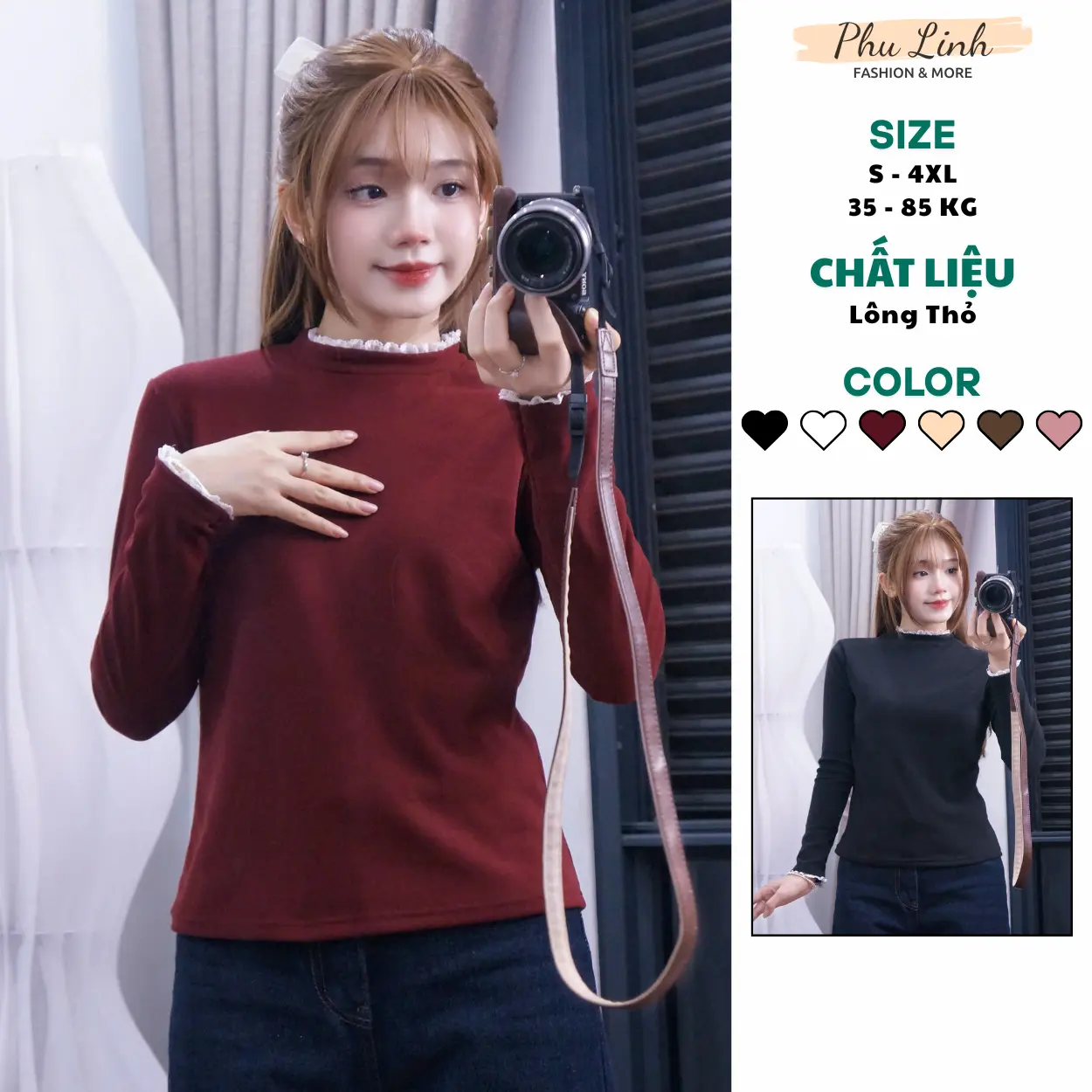 [Deal Mở Bán] Áo Giữ Nhiệt Lông Thỏ Cổ 3 Phân Phối Ren Bèo Xinh Xắn Mềm Mịn PhulinhFashion MS385 Top Nữ