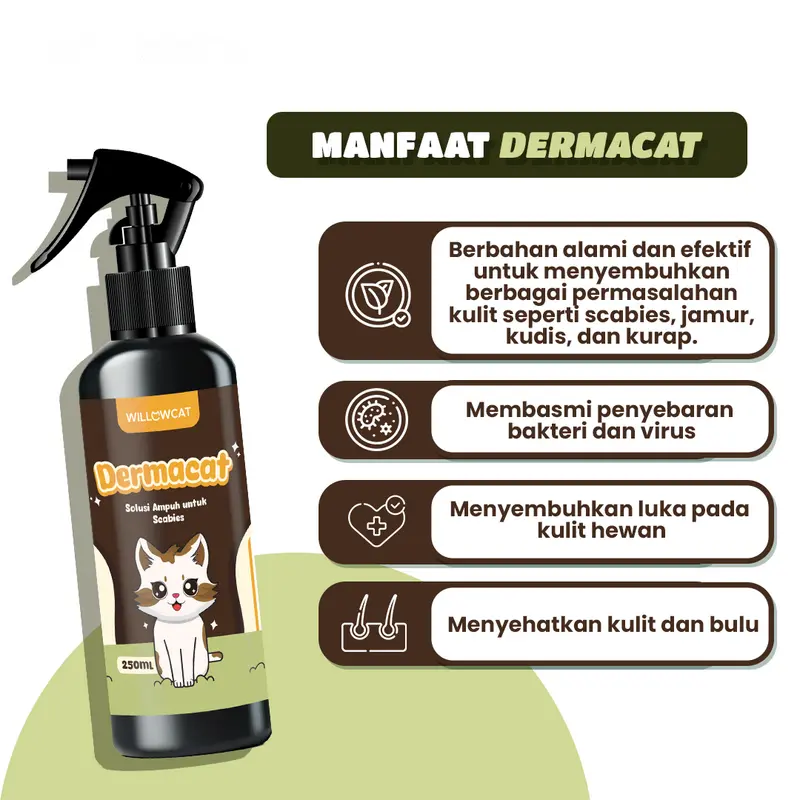 Willowcat - DermaCat Obat Anti Scabies & Jamur Kucing, Atasi Penyakit Kulit & Luka, Aman untuk Kitten 100ML/250ML 2