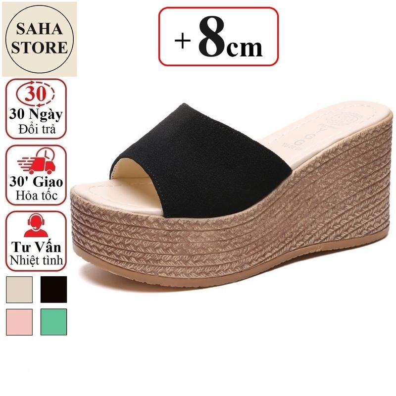 Dép nữ đế xuồng cao 8cm SAHA282 bigsize 43 42 41 đại cỡ lớn tăng 8 phân 8p nhẹ dày cói bánh mì cho mùa hè quai ngang to