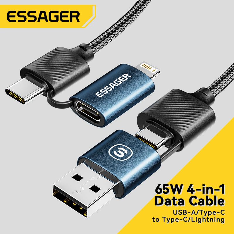 Cáp Sạc Nhanh Essager 65W 4 trong 1 Type-C sang Lightning USBA sang Type C Thích hợp cho iPhone Macbook Realme Huawei Samsung Oneplus Sạc dây Dây dữ liệu Dây C-C A-C C-L A-L Phụ Kiện