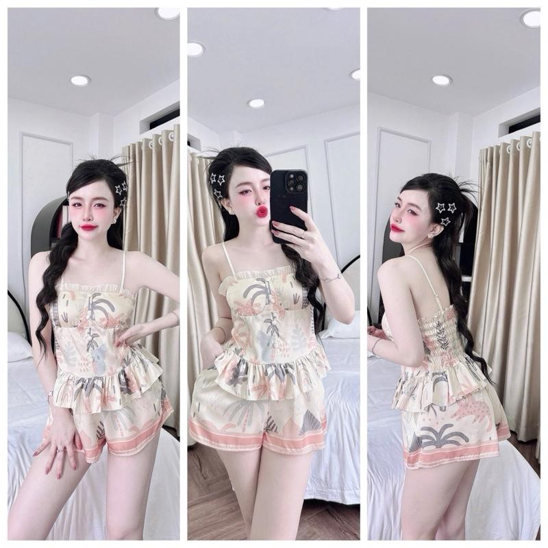 40_60 kg, Sét bộ mặc nhà áo hai dây có mút, quầncó túi,  chất liệu lụa latin hình in