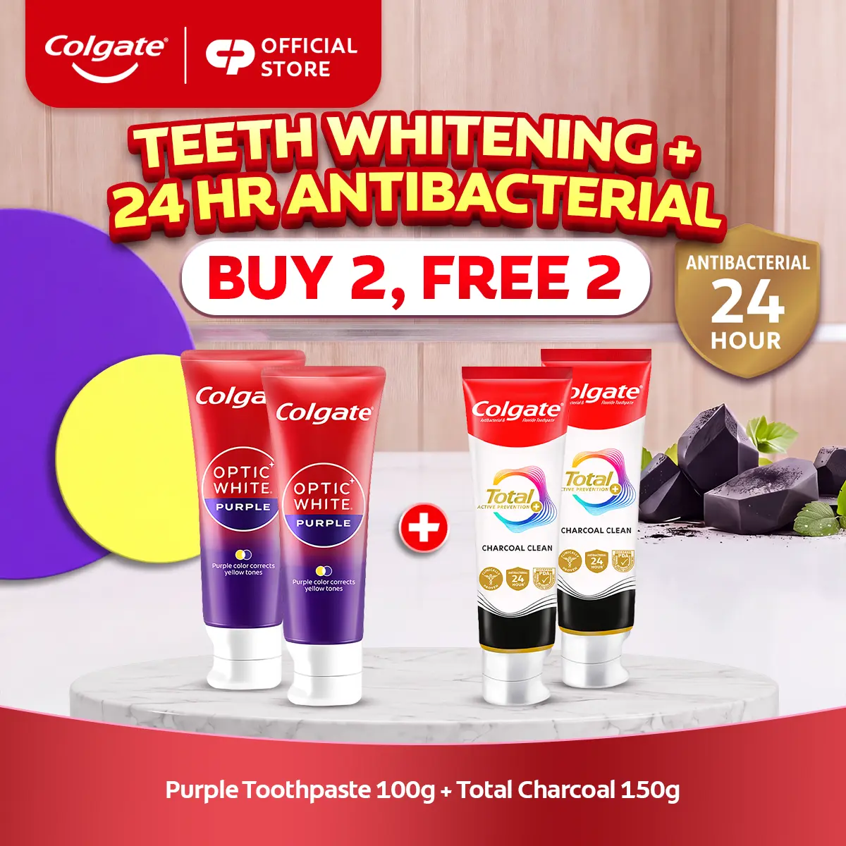 [BUY 2, FREE 2] Colgate Optic White Purple Whitening Toothpaste 100g x2 + Colgate Total Charcoal Clean Toothpaste 150g x2