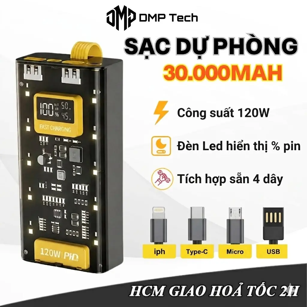 [DMP Tech] Sạc Dự Phòng Trong Suốt Dung Lượng 30.000mah Sạc Nhanh PD22.5W – Tích hợp 4 cáp sạc – 10 Đèn LED Chiếu Sáng