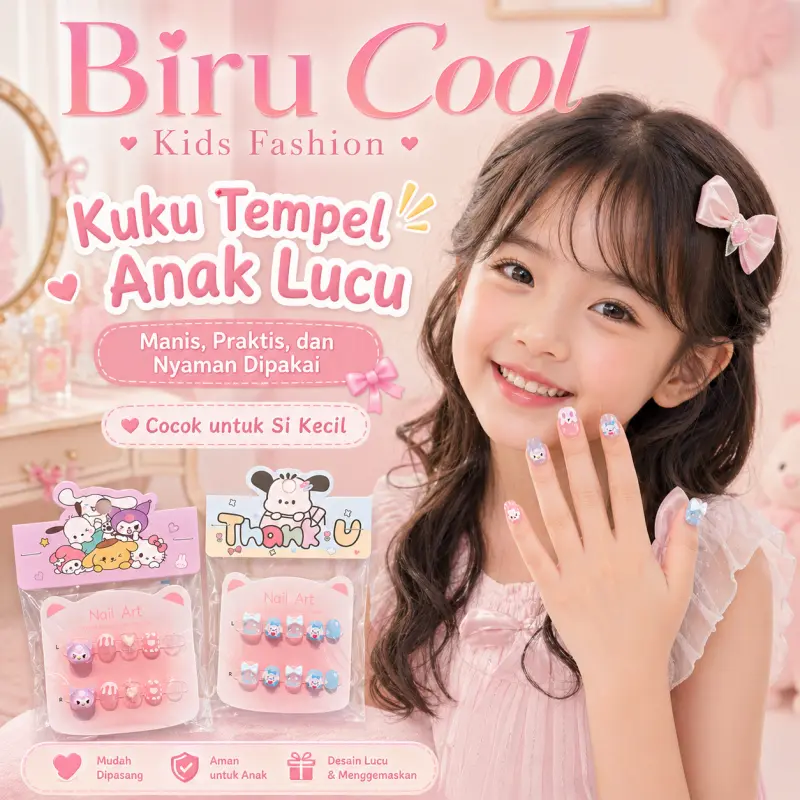 Biru Cool Kids Fashion Kuku Palsu Anak Perempuan Motif Kartun Lucu Fake Nail Art Karakter Imut Set Cantik
