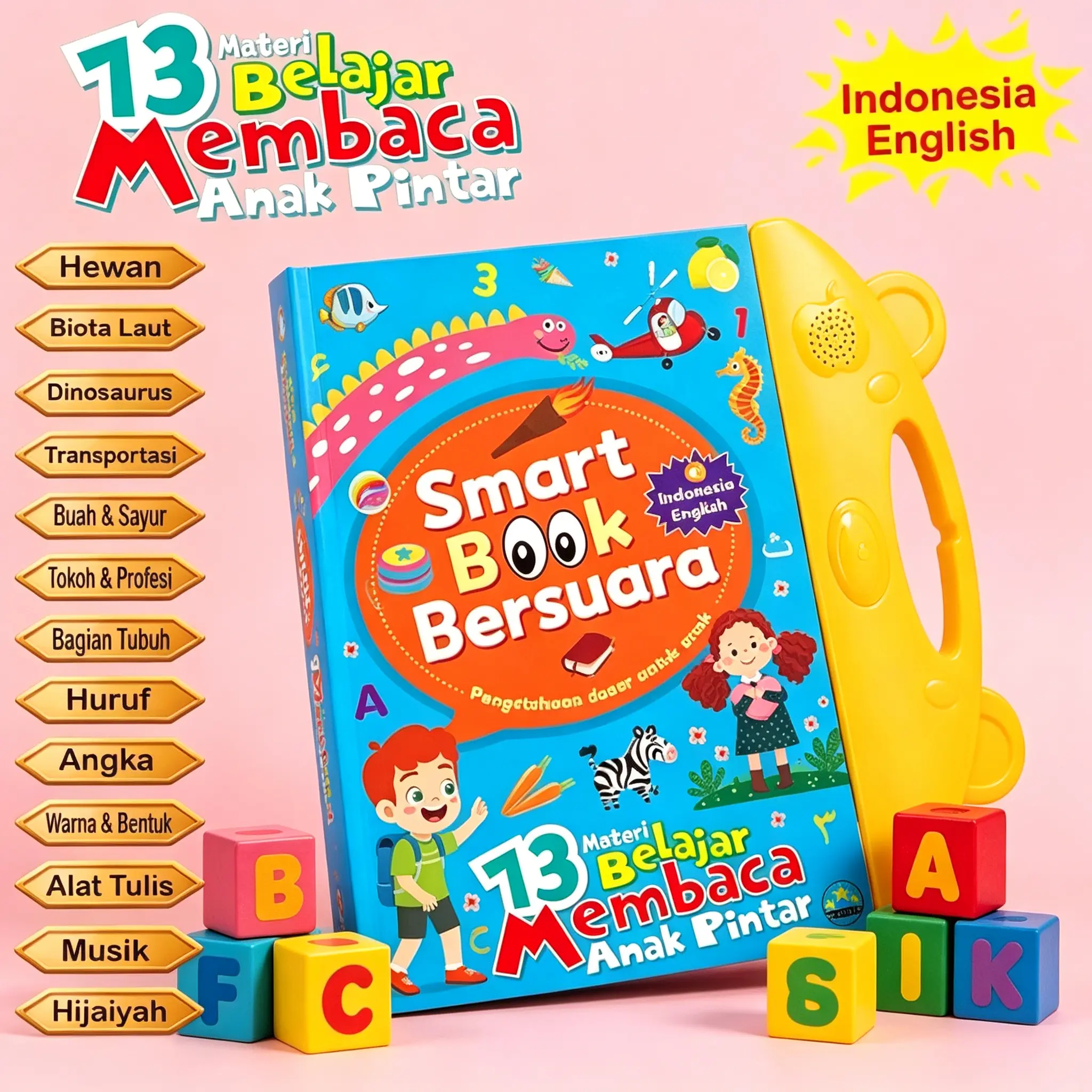 Mainan Halaman Tebal Awet Buku Audio Elektronik 3 In 1: Indonesia, Inggris, Mandarin. Smart Book Kertas Tebal, Tidak Mudah Sobek, Belajar Membaca. Untuk Paud, Tk, Usia 3-6 Tahun. 26 Tema: Abjad, Angka, Binatang, Warna Cerah, Buah-Buahan, Sayuran, Tubuh