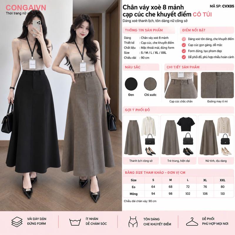 Chân váy xòe 8 mảnh CVX05 – cạp cúc, có túi, dài 90cm, tôn dáng, che khuyết điểm