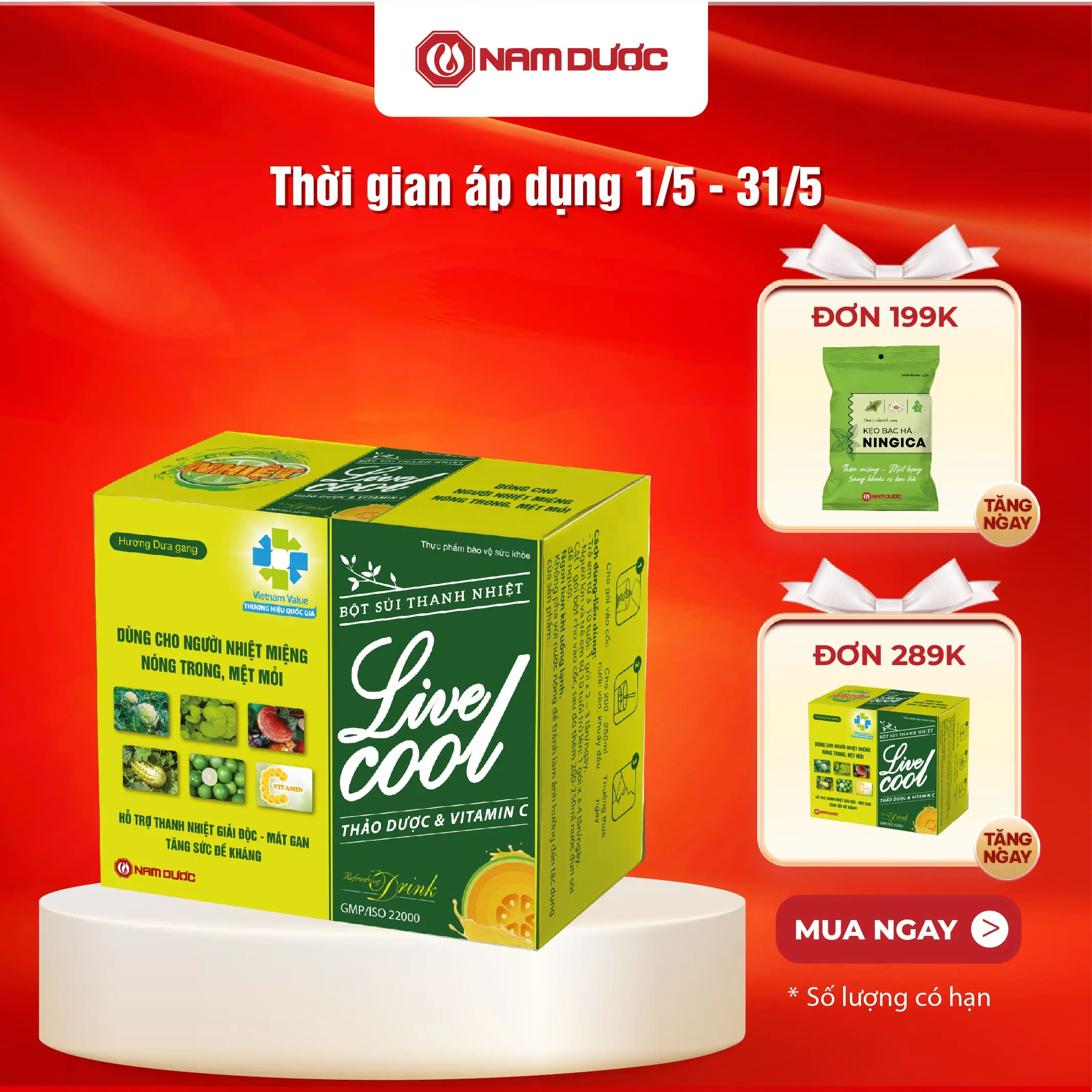 Bột sủi thanh nhiệt Livecool Nam Dược hương dưa gang 6 gói x 7g