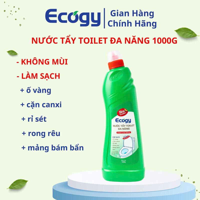 ECOGY ; NƯỚC TẨY TOILET ĐA NĂNG 1000G; Hỗ trợ làm sạch cặn canxi ố vàng rỉ sét rong rêu các mảng bám bẩn lâu ngày bám trên bồn cầu chậu rửa mặt vách kính sàn gạch gương soi và nền xi măng.