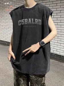 Kaus tanpa lengan bergaya gelap jalanan Amerika, uniseks, longgar, hip-hop, kerah bulat yang dicuci dan usang