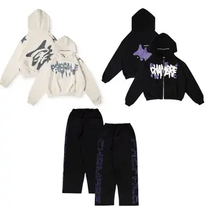 One Set Hoodie Zipper Boxy dan Sweatpants Chambredelavain x Preface Hoodie Zipper Oversized CHMB dan PRFC hitam dan putih Fleece catoon  Sweater Basic  Distro Unisex Pria  Wanita Casual Keren Katun Nyaman