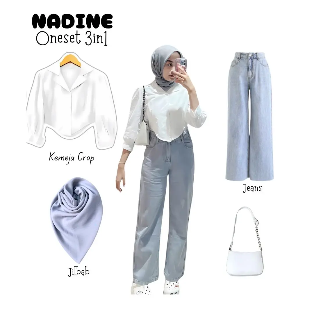 one set outfit 3in1 kemeja crop putih celana jeans highwaist kulot jilbab bella | ootd wanita perempuan cewek korean hijab campus hangout work style HK01