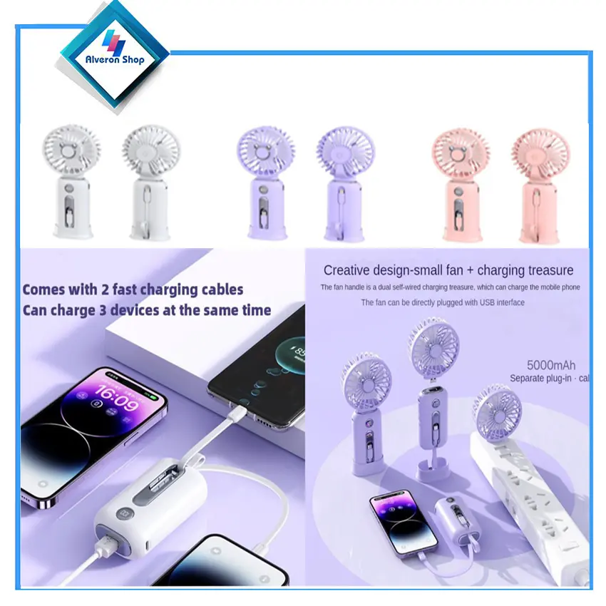Inbuilt 2 in 1 Cable Powerbank With Detachable Hand, Desk Fan