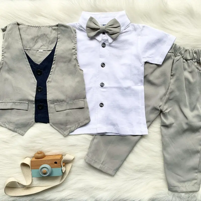 Setelan Jas Anak Laki-laki Usia 1-7 Tahun | Baju Pesta Anak Bunda Katun Putih Katun Poliester Lengan pendek Lengan panjang Polos 3