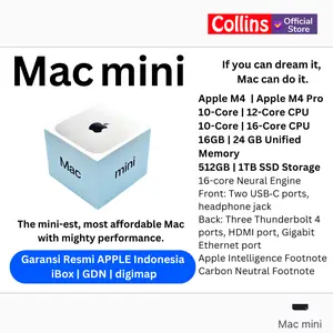 [COLLINS] APPLE Mac Mini M4 / M4 PRO 2024 16GB/24GB RAM 256GB/512GB SSD 10/16-Core GPU Resmi IBOX