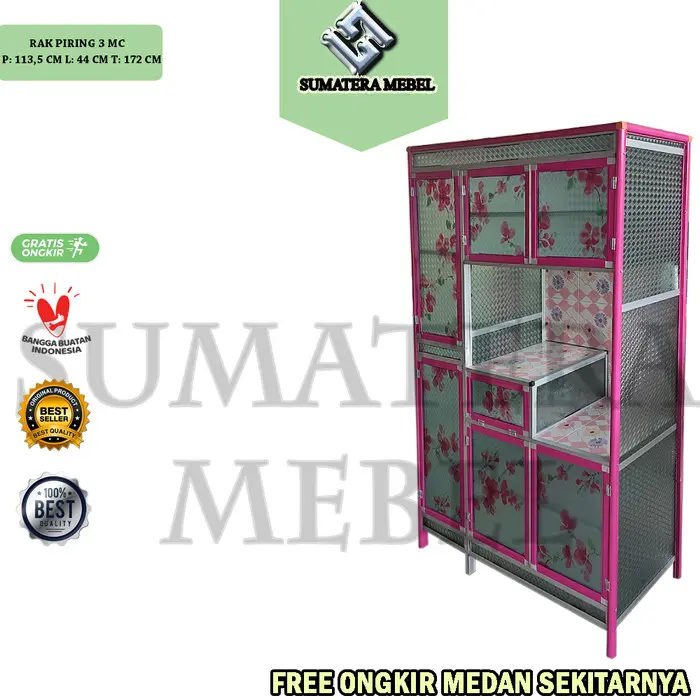 RAK PIRING ALUMINIUM 3 PINTU - LEMARI MAKAN 3 PINTU ALUMINIUM (PINK)
