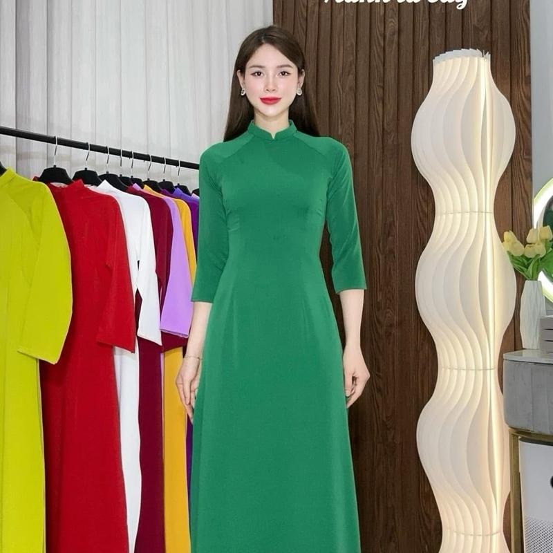 [TAY LỠ - SẴN HÀNG ] Bộ Áo dài trơn 2 tà màu xanh lá chất lụa Mỹ mềm mịn co giãn thoải mái Women Dress - Áo Dài Nhà Anne 5
