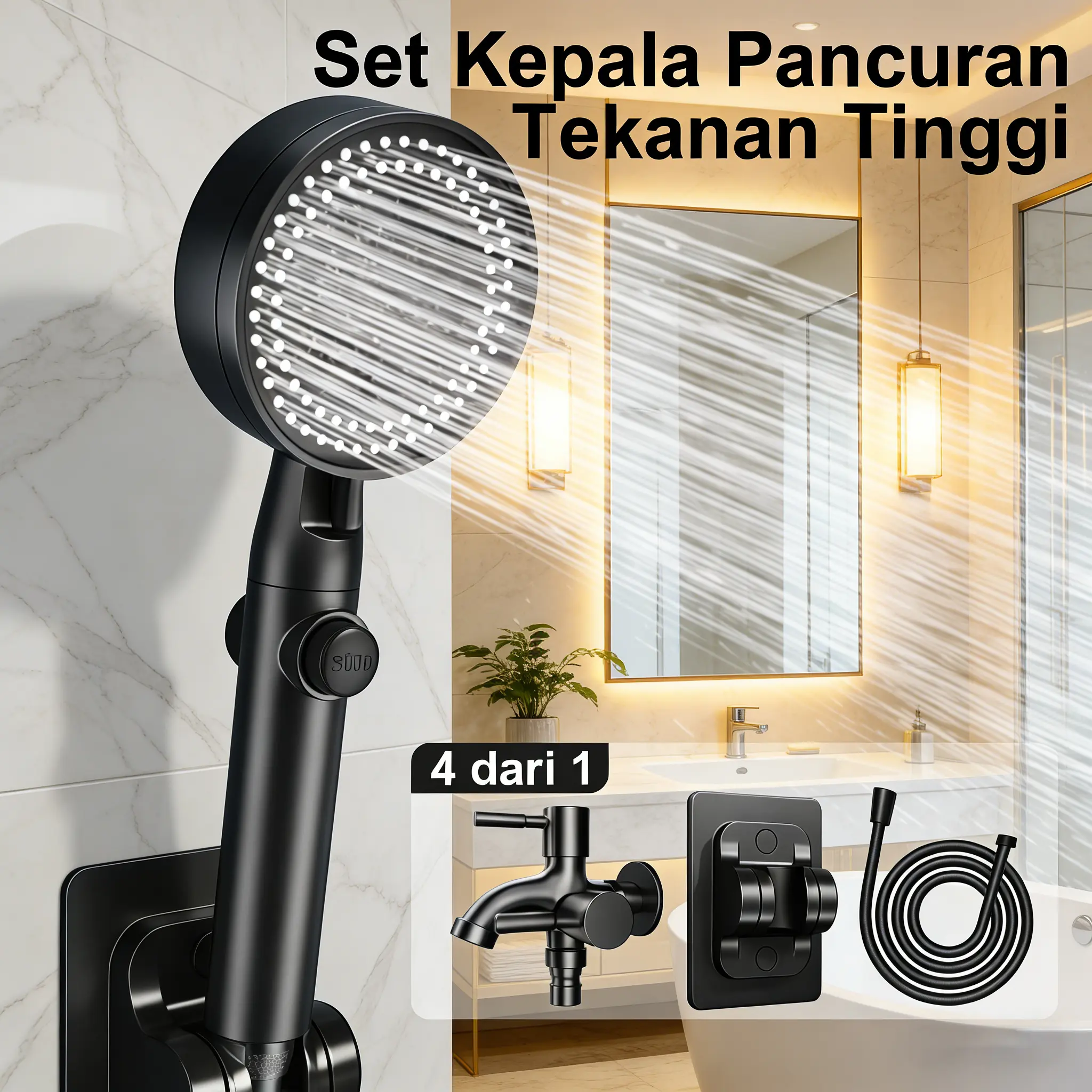 COD SHOWER HEAD 3 IN 1 ANTI BOCOR - Kepala Shower Set Hitam Metalik Premium 5 Mode Bisa Diatur, Tekanan Kuat + Selang Flexibel Portable - Pemasangan Mudah untuk Kamar Mandi